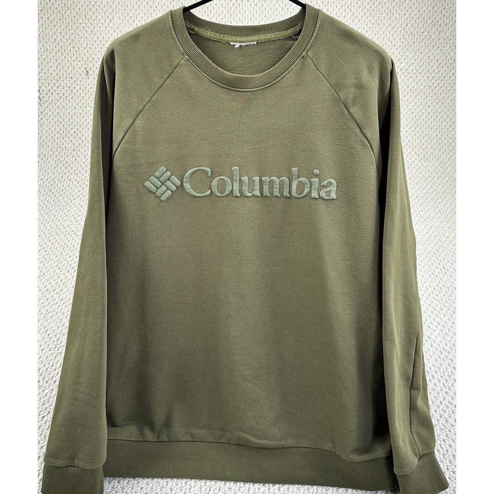 Columbia Sportswear Sweatshirt Mens XL Olive Knit Cotton Spell Out Logo Outdoor
